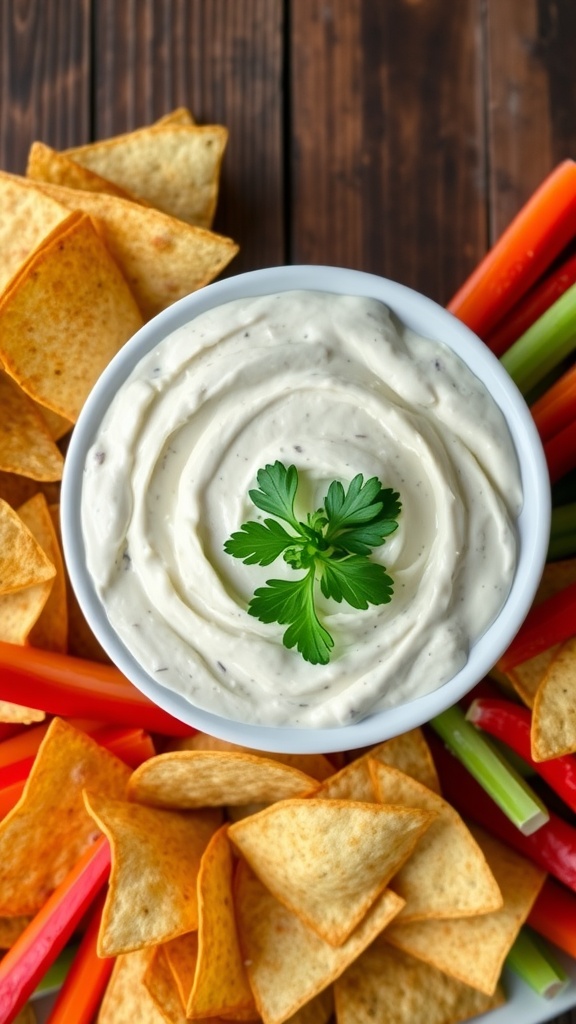 Creamy clam dip in a bowl with parsley, served with tortilla chips and vegetable sticks.